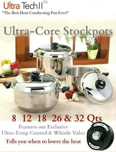 Ultra Tech II Ultra-Core Stockpots 8, 12, 18, and 26 Quarts w/Ultra-Temp Control Vent