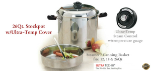 26Qt Ultra Tech II Ultra-Core Stockpot w/Ultra-Temp Lid and Canning/Steamer Basket