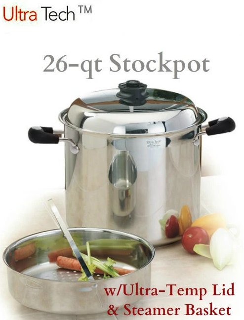 26Qt Ultra Tech II Ultra-Core Stockpot w/Ultra-Temp Lid and Canning/Steamer Basket